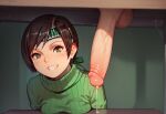 ai_generated breast_press brown_hair bunk_bed final_fantasy final_fantasy_vii green_eyes headband penis precum short_hair smile smiley_face sweater testicle turtleneck yuffie_kisaragi