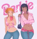 2_girls barbie_(cosplay) barbie_(series) black_hair brown_skin crossover lushhhh nami nami_(one_piece) nico_robin one_piece orange_hair sparkles surprised