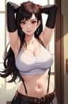  ai_generated big_breasts black_hair brown_hair earrings final_fantasy final_fantasy_vii hands_behind_head light_skin long_hair looking_at_viewer red_eyes smile smiley_face tank_top tifa_lockhart 