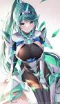  1girl alluring big_breasts green_eyes green_hair nintendo pneuma_(xenoblade) ponytail sitting solo xenoblade_(series) xenoblade_chronicles_2 yuntae 