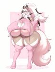  1girl big_ass big_breasts brown_skin canine cute fluffy_tail kiwipotato lingerie lycanroc midday_lycanroc milf pink_lingerie pink_thighhighs ponytail seductive virgin_killer_sweater white_hair white_skin 