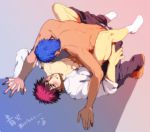  2boys aomine_daiki blue_hair blush gay human kagami_taiga kneeling kuroko_no_basuke lying male male_focus male_only multiple_boys muscle open_clothes partially_clothed red_hair socks spread_legs yaoi 