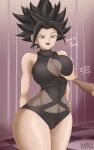  1boy 1girl big_breasts black_hair breasts caulifla dragon_ball dragon_ball_super large_breasts mature_female medium_hair one-piece_swimsuit pervert pervert_female prostitution sex_invitation sexually_suggestive tagme 