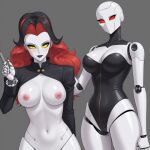 ai_generated bodysuit breasts breasts_out_of_clothes clothes_pull joints looking_at_viewer mecha mechanical mechanophilia red_eyes red_hair robot robot_girl robot_joints yellow_eyes