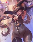  1girl big_breasts blue_eyes bodysuit brown_hair camera_pov camera_view chandelure hair_bun halloween halloween_costume human long_hair looking_at_viewer mitsu_(mitsu_art) necklace nintendo pokemon pokemon_bw2 rosa_(pokemon) twin_tails under_boob witch_hat 