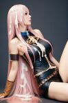 1girl 1girl ai_generated armband belt big_breasts bukkake cum cum_on_breasts cum_on_hair megurine_luka navel pink_hair realistic sitting thighs very_long_hair vocaloid