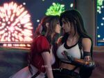 2_girls 3d aerith_gainsborough black_hair brown_hair final_fantasy fireworks night_sky ria-neearts tifa_lockhart yuri