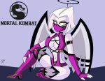  1girl angel angel_girls angel_wings black_halo cleavage clothed cosplay halo hazbin_hotel lute lute_(hazbin_hotel) midway_games mileena mileena_(cosplay) mortal_kombat sitting solo_female solo_focus thetitandraw twitter vivienne_medrano vivziepop 