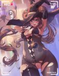  1girl big_breasts blue_eyes bodysuit brown_hair camera_pov camera_view chandelure hair_bun halloween halloween_costume human long_hair looking_at_viewer mitsu_(mitsu_art) necklace nintendo pokemon pokemon_bw2 rosa_(pokemon) torn_bodysuit twin_tails under_boob witch_hat 