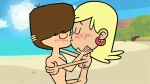 1boy 1girl aged_up beach blush cartoon_network crossover foster's_home_for_imaginary_friends hugging jose101 kissing leni_loud mac_(fhfif) nude older the_loud_house