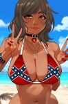 1girl beach big_breasts bikini_top brown_eyes brown_hair brown_skin choker choker_necklaces confederate_flag dark-skinned_female double_v kamala_khan long_hair looking_at_viewer marvel marvel_comics ms._marvel muslim muslim_female necklace older older_female pakistani_female peace_sign queen_of_hearts racism racist red_nails smile superheroine v young_adult young_adult_female young_adult_woman