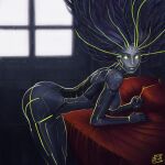 ai bed bedroom glowing glowing_eyes green_eyes mechanical mechanophilia robot robot_girl shodan system_shock wire wire_hair wires