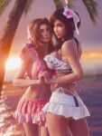 2_girls 3d aerith_gainsborough beach bikini black_hair breast_press brown_hair final_fantasy holding_hands ocean palm_tree ria-neearts sunset tifa_lockhart yuri