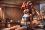  1girl ai_generated bed bedroom breasts dragon_girl dragon_wings female_only furry furry_female furry_only horns nipples nipples_visible_through_clothing no_sex red_eyes red_hair sleepwear tail talking_to_another wings 