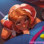  1girl ai_generated big_penis fellatio happy red_hair tan_line tan_skin tanned tennis_racket tennis_uniform young 