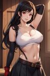  ai_generated black_hair brown_hair earrings final_fantasy final_fantasy_vii gloves hand_behind_head light_skin long_hair looking_at_viewer miniskirt nipples_visible_through_clothing red_eyes sleeves smile smiley_face tifa_lockhart 