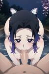 1boy 1girl alluring ass black_and_purple_hair blowjob breasts demon_slayer fellatio kimetsu_no_yaiba kochou_shinobu koikoi_(artist) male/female nipples nude onsen oral penis_in_mouth pov pov_eye_contact purple_eyes sex shinobu_kochou solo_focus sucking_penis