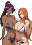 2_girls alluring amber_eyes bare_legs big_breasts bikini bleach cleavage grey_eyes inoue_orihime orange_hair purple_hair shihouin_yoruichi tattoos yoruichi_shihouin yxyyxy