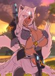  2ll2l animal_ears armor big_breasts big_penis breasts cat_ears dickgirl evening eyebrows feline furry futanari grin gun hair huge_breasts intersex large_penis light_skin makkito neko newhalf outfit penis pink_hair red_eyes smile solo standing tail weapon 