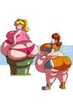  2_girls axel-rosered belly_bulge belly_expansion big_breasts blonde_hair blue_eyes brown_hair crown earrings gigantic_ass green_eyes nintendo overweight ponytail princess_daisy princess_peach stuck stuck_in_pipe surprised 