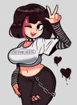  1girl cute female_only genesis_girl grey_background midriff nerdy_female one_eye_closed sega sega_genesis simple_background striped_armwear v wink xenoglitch 