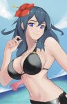  1girl 1girl 1girl alluring artist_name big_breasts bikini black_bikini blue_eyes breasts byleth_(female)_(fire_emblem) byleth_(female)_(summer)_(fire_emblem) byleth_(fire_emblem) byleth_(fire_emblem)_(female) cleavage closed_mouth female_only fire_emblem fire_emblem:_three_houses fire_emblem_heroes flower grimmlocke10k hair_between_eyes hair_flower hair_ornament hibiscus high_res light-skinned_female light_skin long_hair looking_at_viewer navel nintendo official_alternate_costume red_flower smile swimsuit tassel teal_hair watermark 