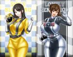  2_girls alluring amber_eyes big_breasts black_hair bodysuit brown_eyes brown_hair engine_sentai_go-onger holding_helmet pin_up rouyama_saki super_sentai sutou_miu treezero 