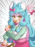  !! 1girl animal_ears blue_hair bread chessivt cyan_hair eating fanart female_only food furry_female long_hair owozu streamer tail vtuber 