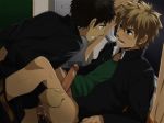 2boys anal black_hair blonde_hair blush chalkboard classroom cum cum_in_ass desk gakuran gay green_eyes human lying male male_only multiple_boys night on_back on_desk open_mouth partially_clothed penis school school_uniform sex student window yaoi