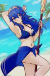  1girl alluring alternate_costume arm_behind_head bare_midriff bare_thighs beach bikini blue_bikini blue_eyes blue_hair breasts cleavage female female_only fire_emblem fire_emblem_awakening long_hair looking_at_viewer lucina lucina_(fire_emblem) medium_breasts midriff nintendo ocean outdoors rotomdocs small_breasts solo spear symbol-shaped_pupils thighs tiara weapon 