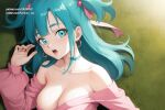  1girl ai_generated blue_eyes bulma_(dragon_ball) bulma_brief dragon_ball dragon_ball_z female_only green_hair medium_breasts medium_hair solo_female upper_body 