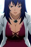  1girl anime big_breasts blue_hair breasts brown_eyes cleavage coat hair_between_eyes huge_breasts jewelry long_hair looking_at_viewer maken-ki! necklace nijou_aki nurse open_mouth pendant purple_shirt school_nurse smile stitched upper_body 