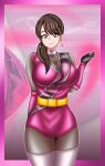  1girl alluring big_breasts bodysuit brown_eyes brown_hair earrings kunoichi momochi_kasumi no_helmet pin_up shuriken_sentai_ninninger super_sentai treezero 