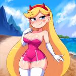 beach big_breasts blonde_hair blue_eyes cats62 cleavage dress fake_horns headband long_hair star_butterfly star_vs_the_forces_of_evil stockings thick_thighs wide_hips