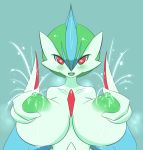 areolae big_breasts blush breasts crossgender female gallade genderswap heart heart-shaped_pupils huge_breasts jcdr lactating lactation looking_at_viewer mega_evolution mega_gallade mega_pokemon milk nipples nude open_mouth pokemon presenting red_eyes solo symbol-shaped_pupils teeth tongue