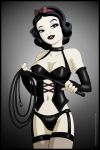 1girl bdsm black_hair black_panties cartoongirls_(artist) corset disney dominatrix garters lingerie navel princess_snow_white snow_white_and_the_seven_dwarfs stockings whip