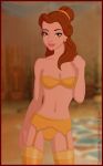 1girl beautiful beauty_and_the_beast bra breasts brown_eyes brown_hair brunette cartoongirls_(artist) disney earrings garter_belt garter_straps lingerie lipstick panties princess_belle smile stockings underwear yellow_bra yellow_panties