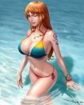 1girl bangle bikini blinking bracelet breasts cleavage female female_only iury_padilha jewelry large_breasts light-skinned_female light_skin long_hair looking_at_viewer nami navel necklace ocean one_eye_closed one_piece orange_hair rainbow_pattern redhead solo swimsuit tattoo wading wide_hips wink