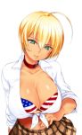  1girl ahoge american_flag american_flag_bikini anime bikini blonde_hair bra breasts cleavage collar flag_print front-tie_top green_eyes hentai huge_breasts jyuru light_smile looking_at_viewer midriff mito_ikumi navel open_clothes open_shirt parted_lips plaid plaid_skirt shiny shiny_skin shirt shokugeki_no_souma simple_background skirt solo swimsuit tied_shirt white_background 