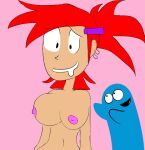  1boy 1girl 2024 big_breasts black_eyes bloo blooregard blue_skin breasts cartoon_network colored earrings foster&#039;s_home_for_imaginary_friends frankie_foster grin imaginary_friend looking_at_viewer male navel older older_female open_mouth pink_background pink_nipples red_hair simple_cartoon smile smiling_at_viewer young_adult young_adult_female young_adult_woman 