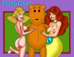  1boy 2021 2_girls ass bear big_breasts black_eyes black_nose blonde_hair blue_eyes clock doll dolly earrings eyebrows eyelashes eyeshadow first_porn_of_franchise green_eyes lipstick long_hair looking_at_viewer lorelei mermaid necklace purple_background red_hair tangie teddy_bear the_tangerine_bear 