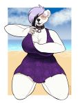  1girl anthro beach bear big_breasts breasts collar eyewear furry glasses kneel looking_at_viewer mammal open_mouth outside polar_bear porin seaside smile ursid 