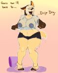 anubian_jackal big_breasts black_nipples breasts canine chubby clothing dripdry female furry herro ice_bucket_challenge jackal jewelry looking_at_viewer mammal midriff nipples one_eye_closed shorts solo standing text thick_thighs translucent voluptuous water wet wide_hips