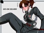  1girl alluring bodysuit brown_eyes brown_hair engine_sentai_go-onger gamori no_headwear no_helmet pussy_bulge spread_legs super_sentai sutou_miu 