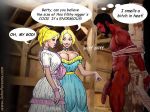  1boy 2girls bbc big_breasts blonde_hair bondage breasts cleavage comic dark-skinned_male dark_skin interracial john_persons penis racist rope slave text 