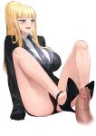 1boy 1girl big_breasts black_panties blonde_hair blue_eyes blush breasts business_suit capcom clothed clothed_sex cosplay cum curvy foot_fetish footjob gloves high_heels jacket kolin miniskirt naughty_face neck_tie penis secretary sex skirt street_fighter street_fighter_v voluptuous