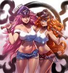 1girl 2_girls baseball_bat big_hair blue_eyes breasts capcom chains choker cleavage denim denim_shorts female_only final_fight hat lips long_hair making_of midriff multiple_girls navel orange_hair peaked_cap pink_hair poison_(final_fight) robert_porter roxy roxy_(final_fight) short_shorts shorts street_fighter street_fighter_iv tank_top ultra_street_fighter_iv wristband