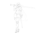  1girl absurdres belt blush boots breasts cape fire_emblem fire_emblem:_kakusei greyscale hairband high_heels highres legoman lineart lm_(legoman) lucina monochrome over_shoulder sheath sketch sling_bikini swimsuit sword sword_over_shoulder thighhighs weapon weapon_over_shoulder 