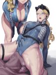  1girl 2_girls big_breasts blonde_hair blue_eyes cameltoe capcom cleavage dark-skinned_male dark_skin facesitting goggles goggles_on_head headset interracial kolin kumiko_(aleron) male male/female pussylicking street_fighter street_fighter_v swimsuit urien 