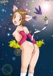 1girl ass blush breast brown_eyes brown_hair cat_ears digihentai digimon elbow_gloves gatomon gatomon_(cosplay) kari_kamiya looking_back nipple open_mouth pussy sideboob solo tail uncensored